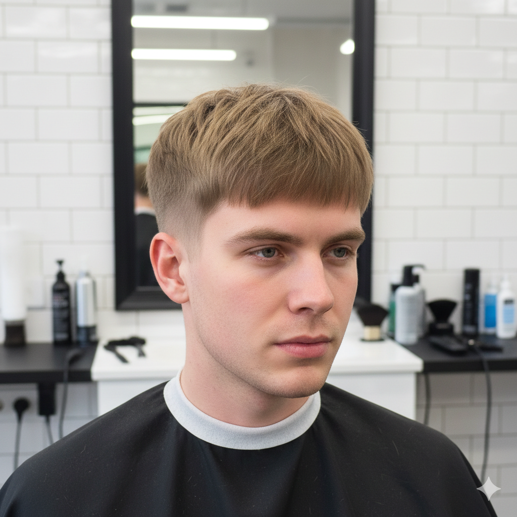 A short French crop haircut with clean fade and minimal fringe, sharp modern men’s hairstyle.