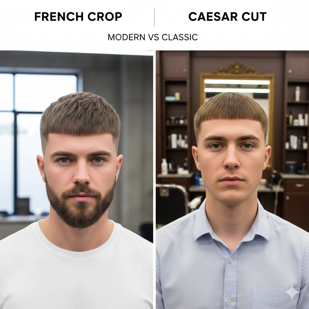 A split comparison image showing French crop vs Caesar haircut.