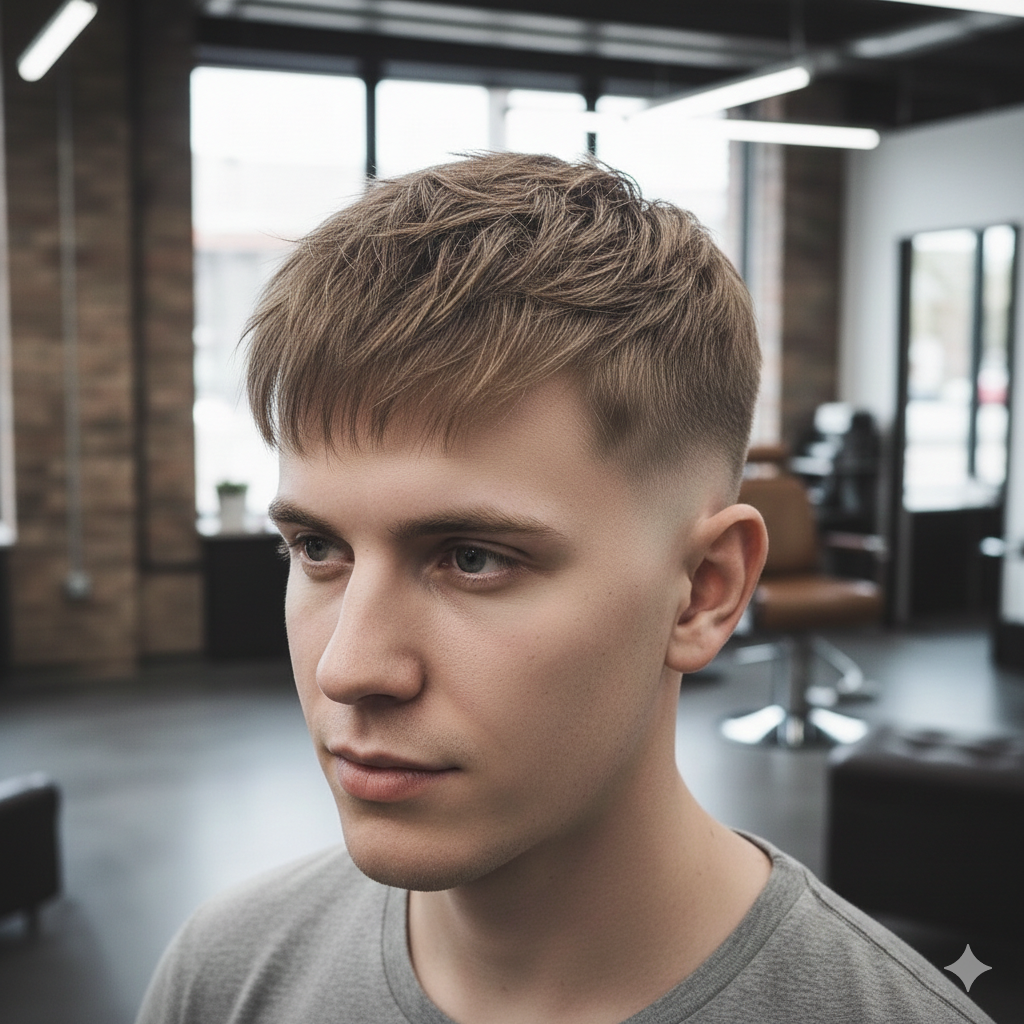 A textured French crop haircut designed for thin hair.