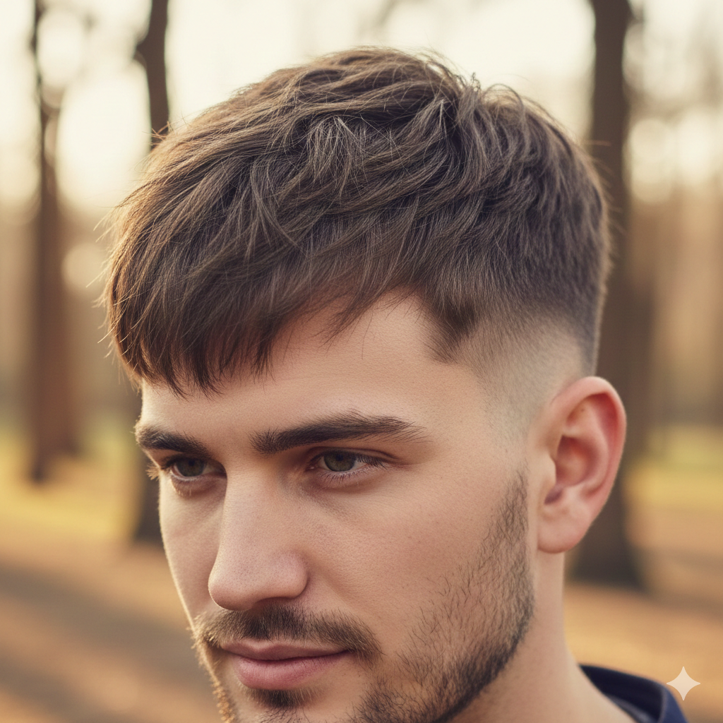 A textured French crop haircut with soft mid fade.