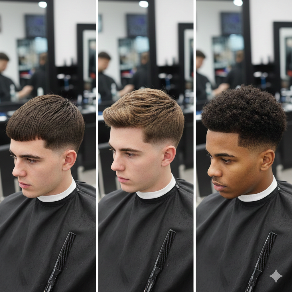 Male model with round face wearing French crop skin fade haircut,