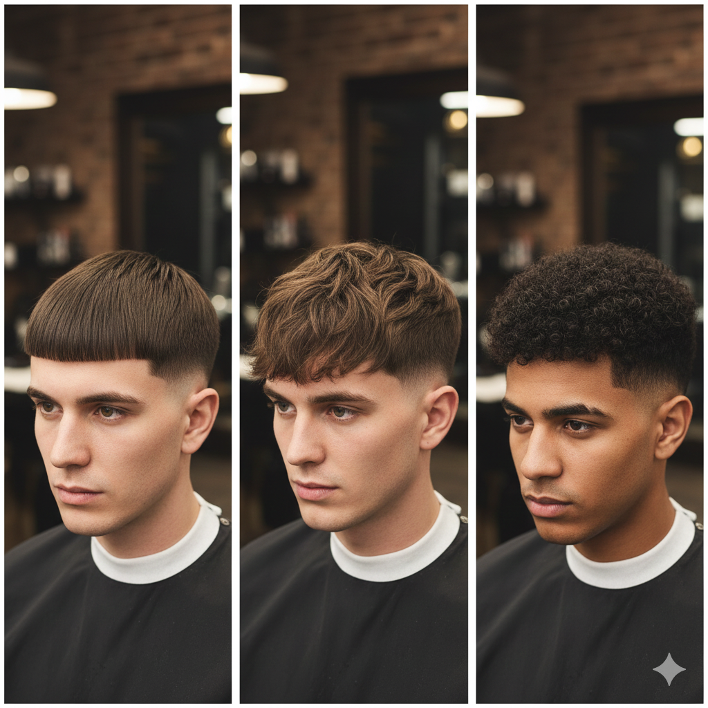 Close-up images of French crop hairstyles on straight, wavy, and curly hair types.