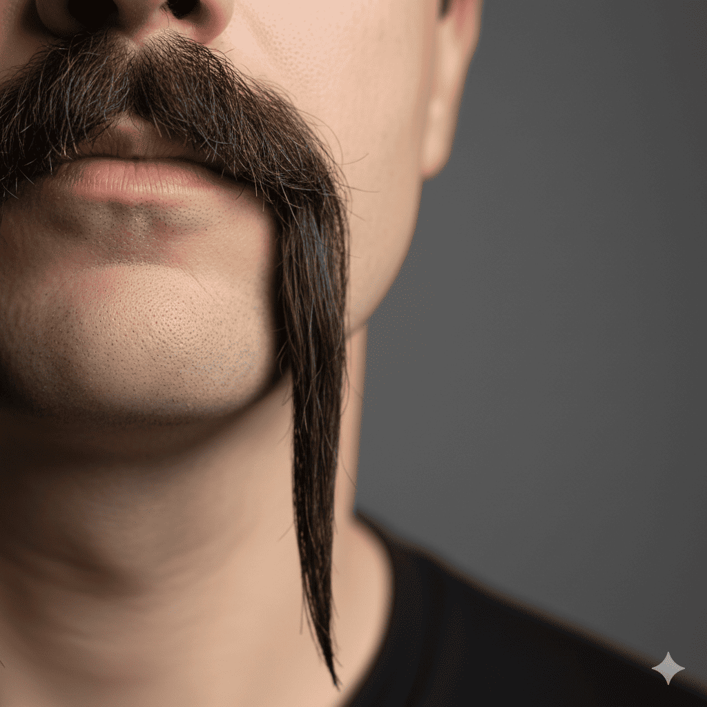 “Close-up of a Fu Manchu mustache showing long vertical ends