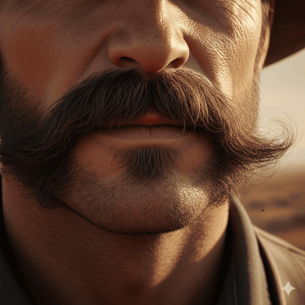Close-up of a thick natural mustache.