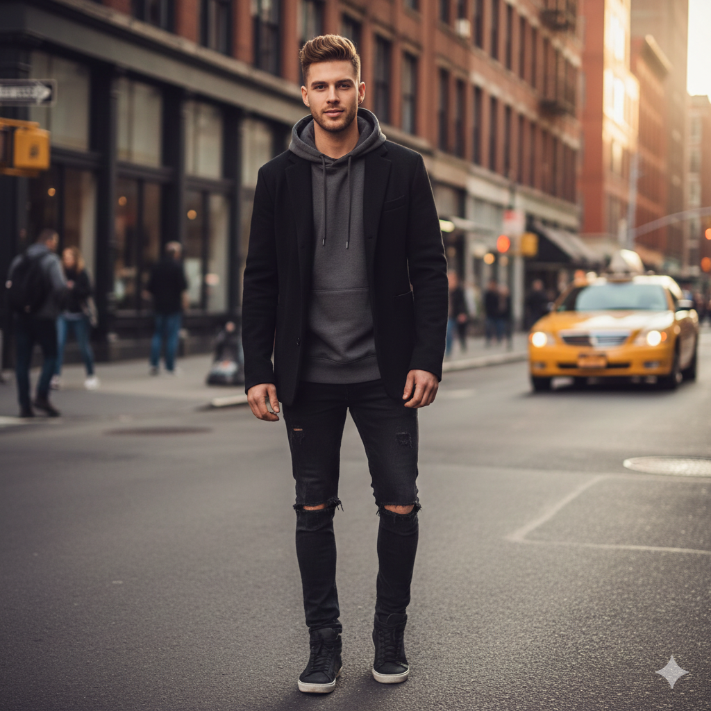 Confident male model wearing a French crop burst fade haircut.