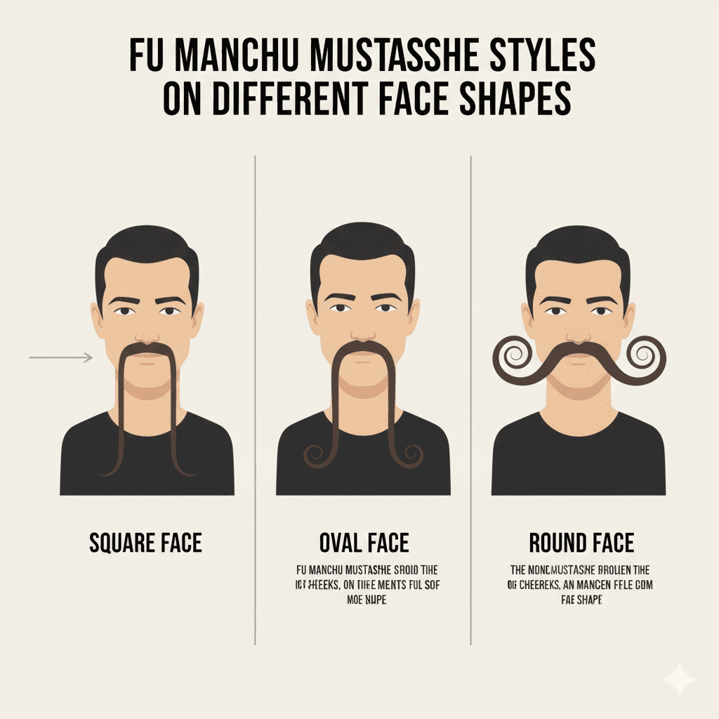 Fu Manchu mustache on different male face shapes