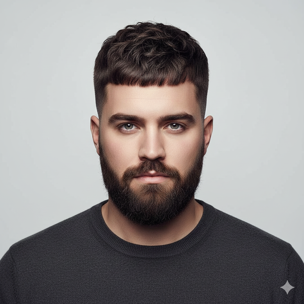 Male model with round face wearing French crop high fade haircut, sharp fade.