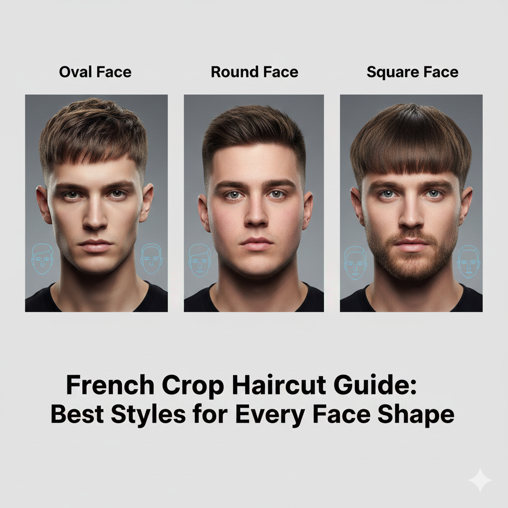 Male models with different face shapes styling French crop haircuts.