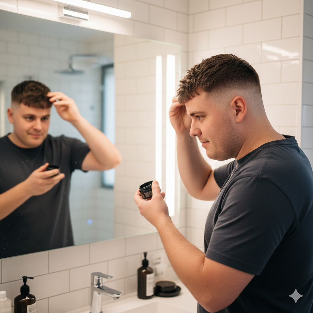 Man with round face styling a French crop haircut.