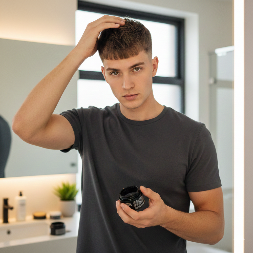 Morning routine image of a man quickly styling a French crop haircut.
