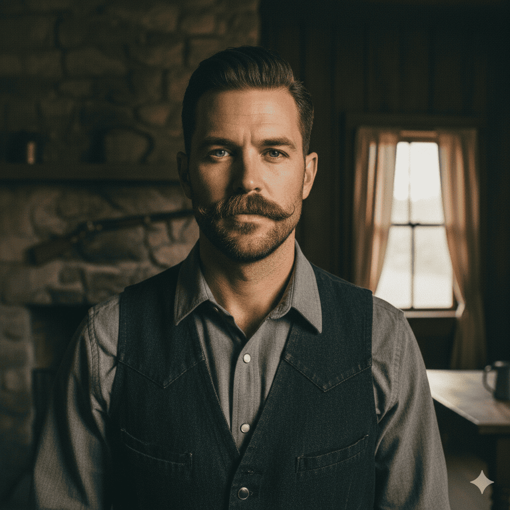 “Neatly trimmed cowboy mustache with full density.