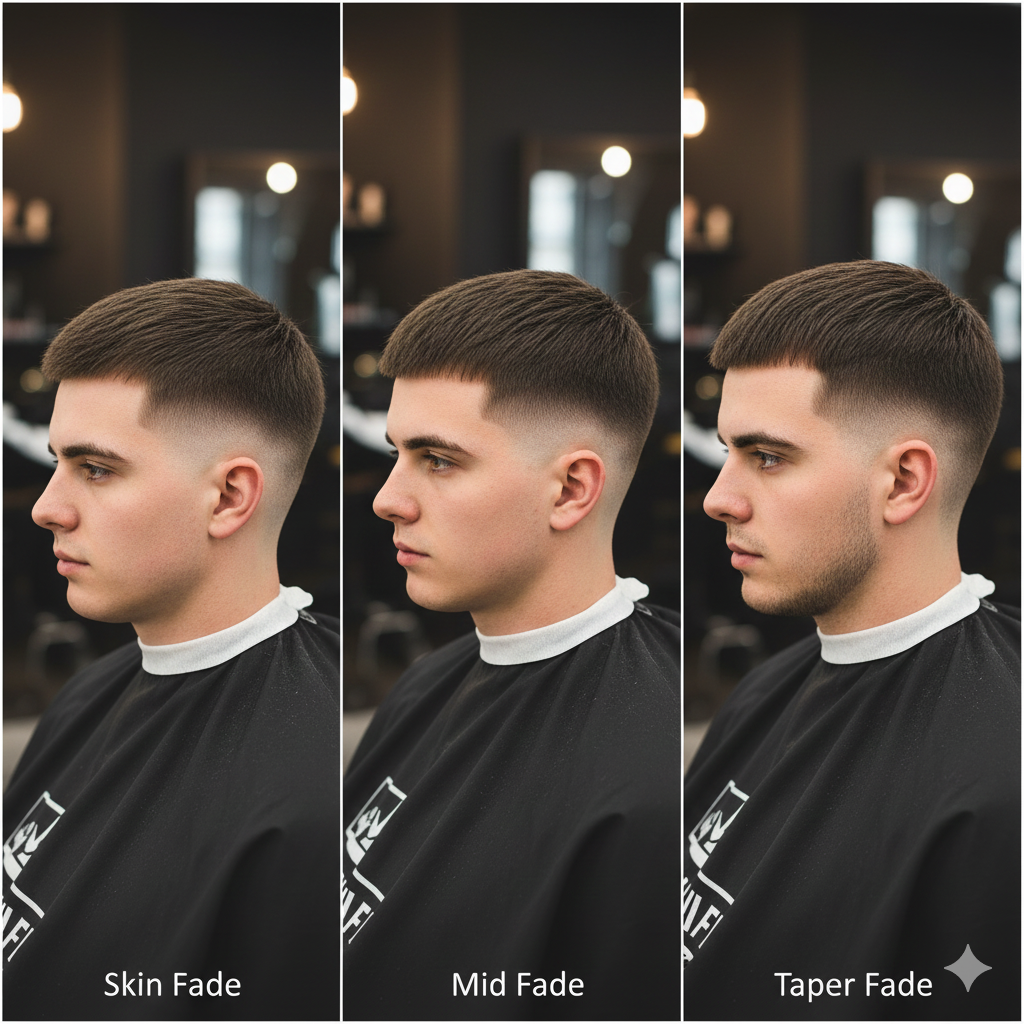 Side profile images showing styled French crop haircuts with skin fade, mid fade, and taper fade.