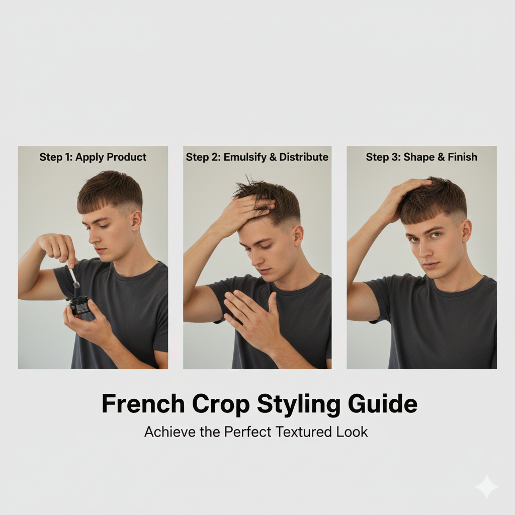 Step-by-step visual showing man styling a French crop haircut.