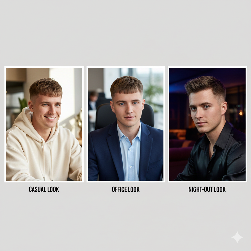 Three lifestyle images showing French crop hairstyles.