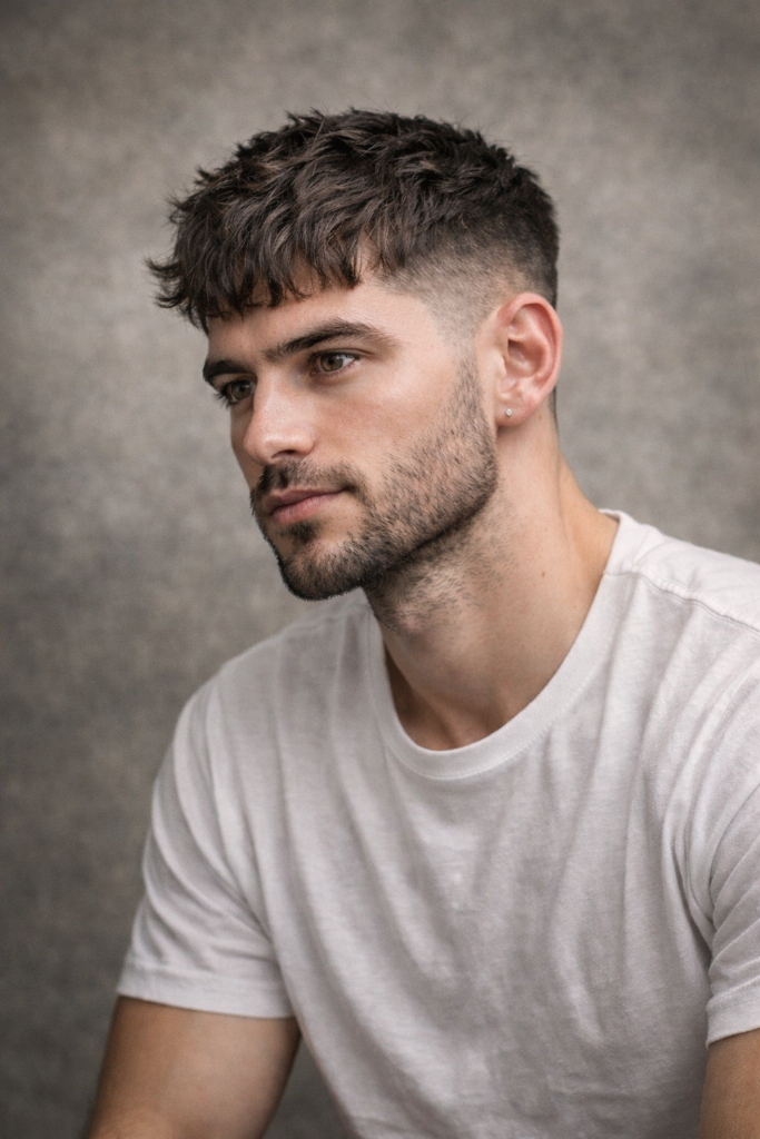 Ultra-realistic studio portrait of a male model with a perfectly styled French crop haircut.