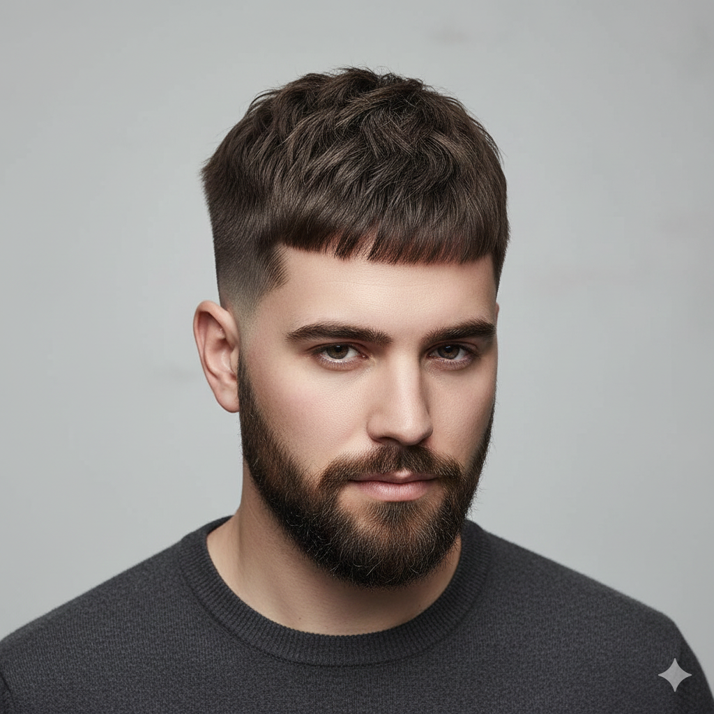 French crop haircut, structured textured top, clean faded sides.