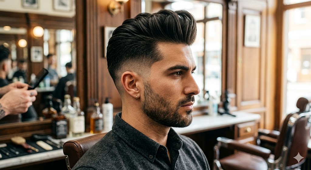 Side profile of a man with a high taper