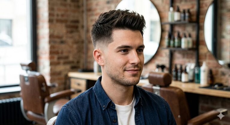 Three-quarter view of a man with a mid taper haircut