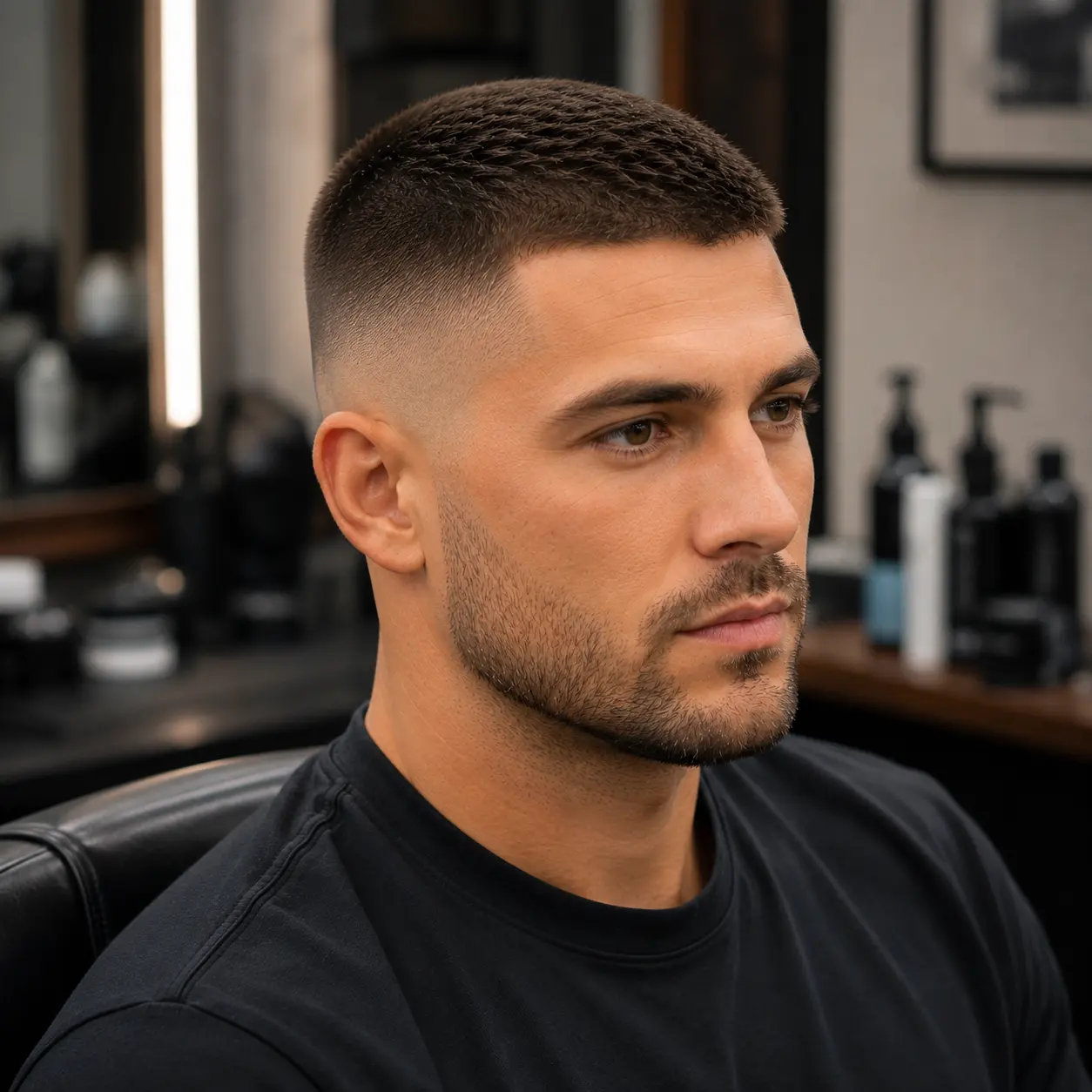 Man with a classic short crew cut and mid skin fade