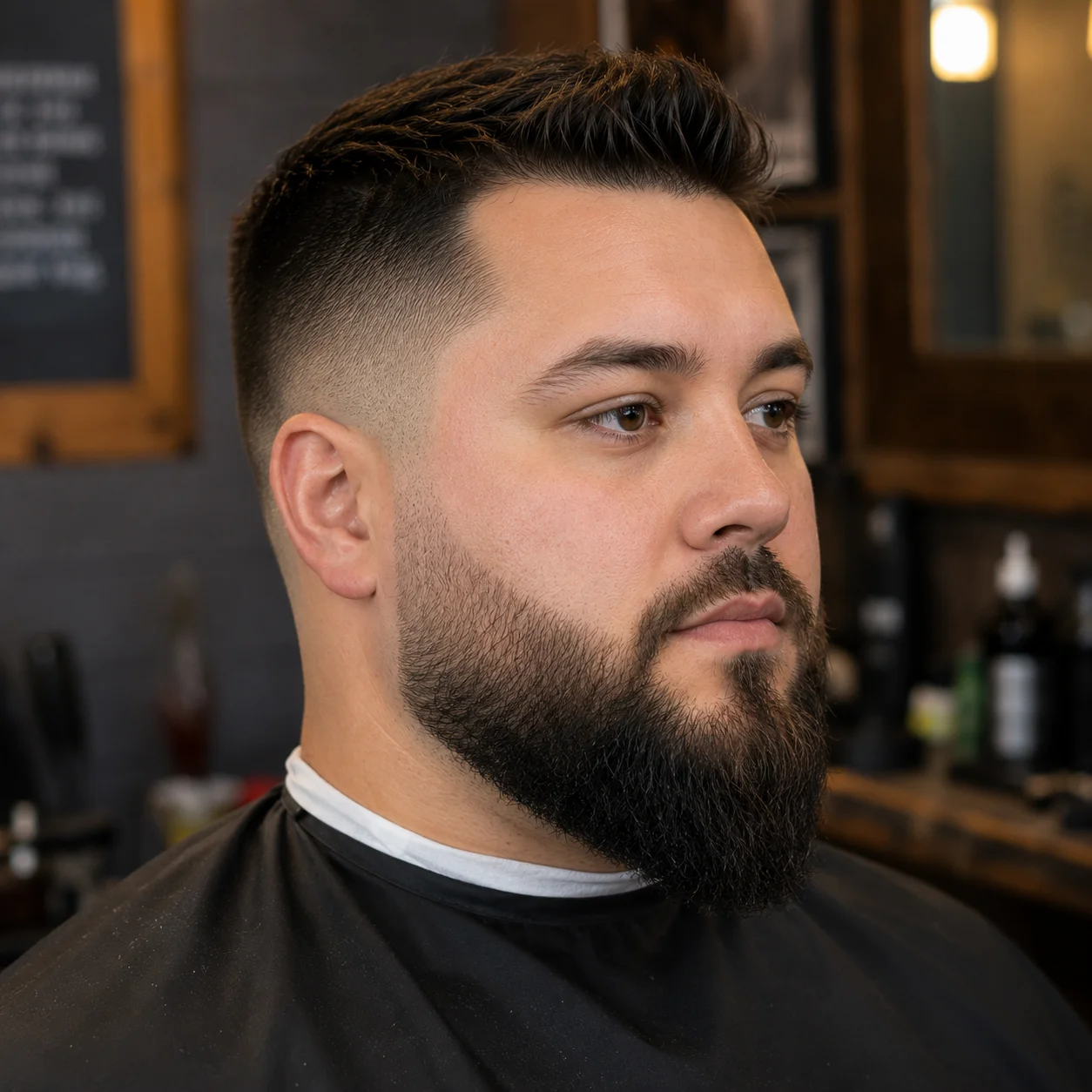 Man with a round face and a full beard with faded cheeks