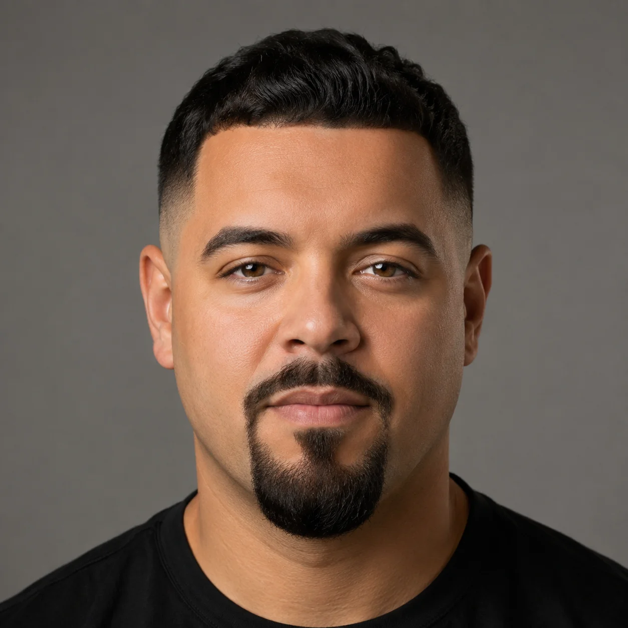 Man with a round face and a modern short goatee