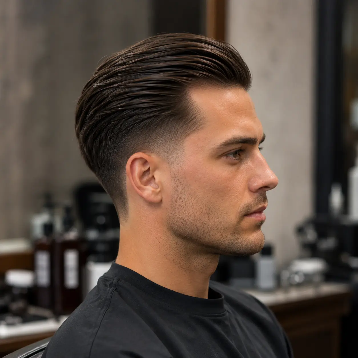 Man with straight hair slicked back