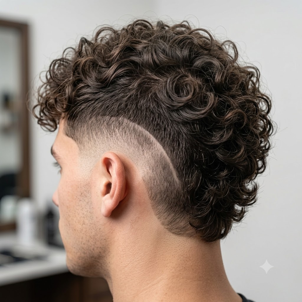 Burst fade curly haircut wrapping around the ear.