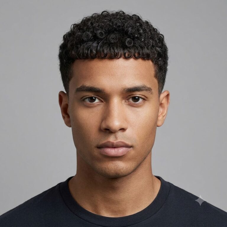 Caesar cut with curly hair texture for men.
