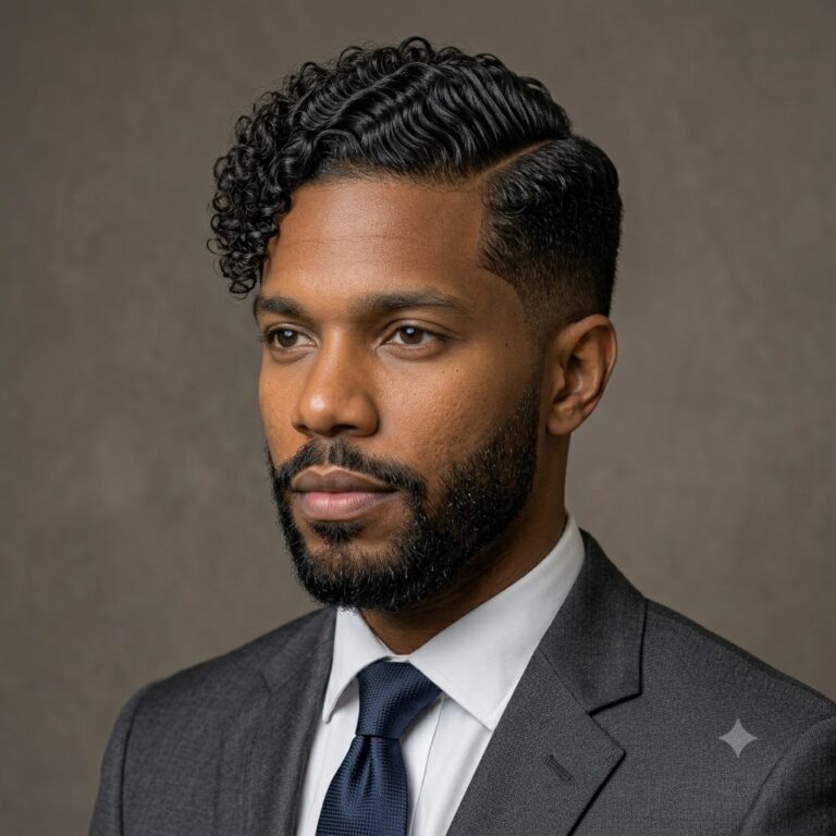 Comb over curly hairstyle for men in a business setting.