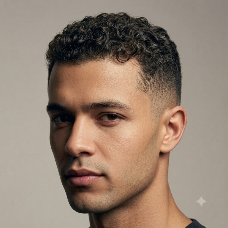 Crew cut curly hairstyle for men, short and professional.