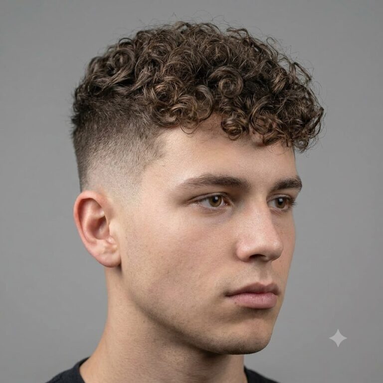Curly fade haircut on men with medium length curls on top and faded sides.