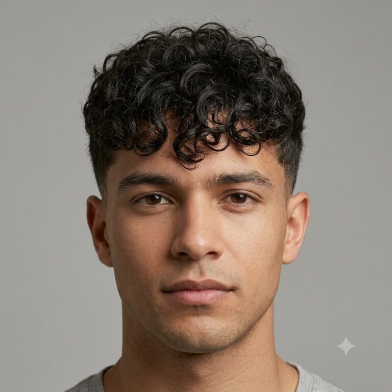 Curly fringe hairstyle for men falling over forehead.