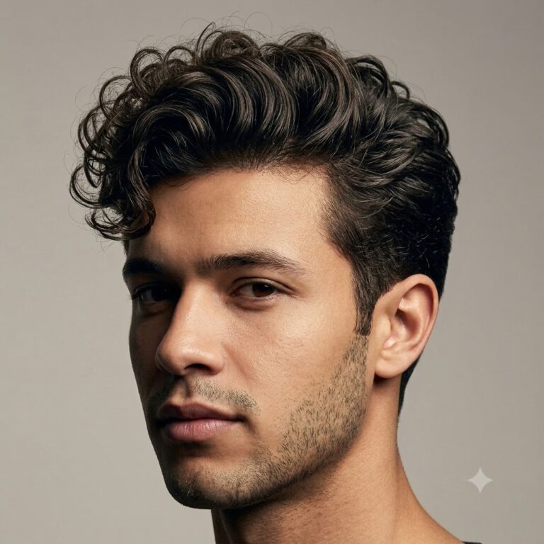 Curly pompadour haircut with volume on top.