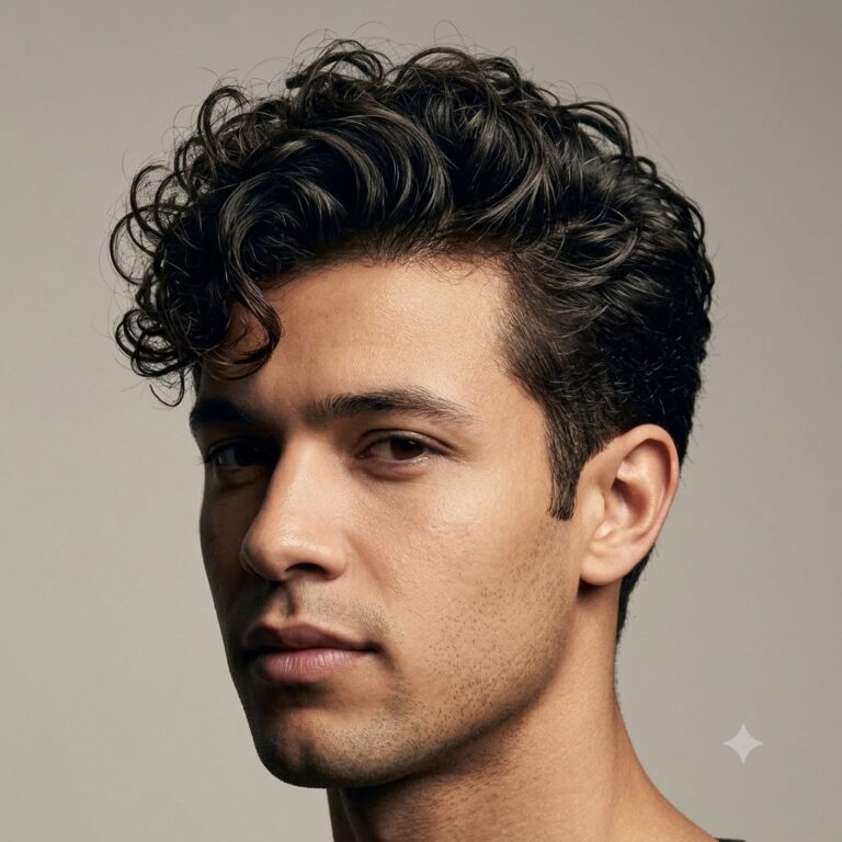 Curly fringe hairstyle for men falling over forehead.