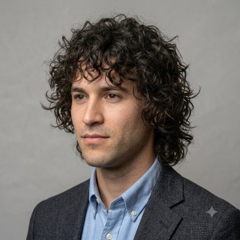 Curly shag haircut for men with heavy layers