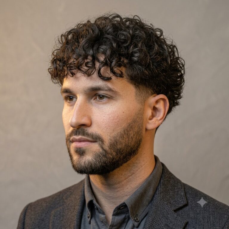 Curly taper haircut blended with beard fade for men