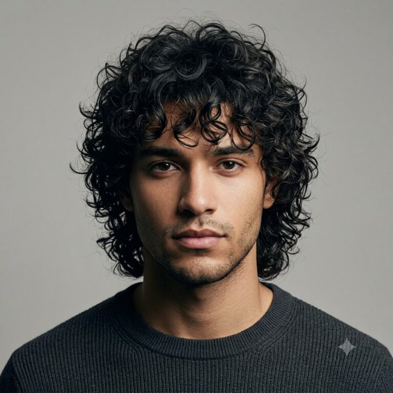 Curly wolf cut haircut with heavy layers for men.