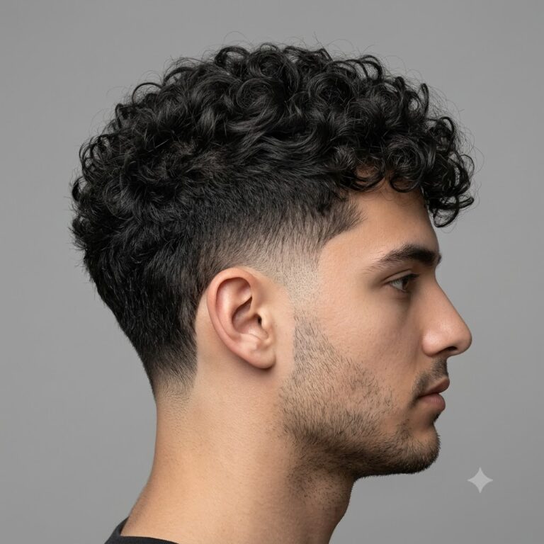 Drop fade curly hairstyle with curved fade line.
