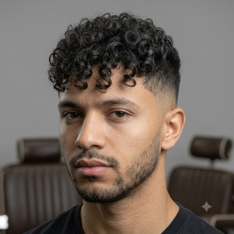 French crop haircut with curly texture on top.