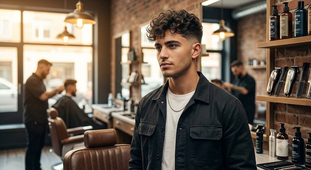 : Man with a modern curly fade haircut, one of the best haircuts for curly hair men, styled in a barbershop setting.: Man with a modern curly fade haircut, one of the best haircuts for curly hair men, styled in a barbershop setting.