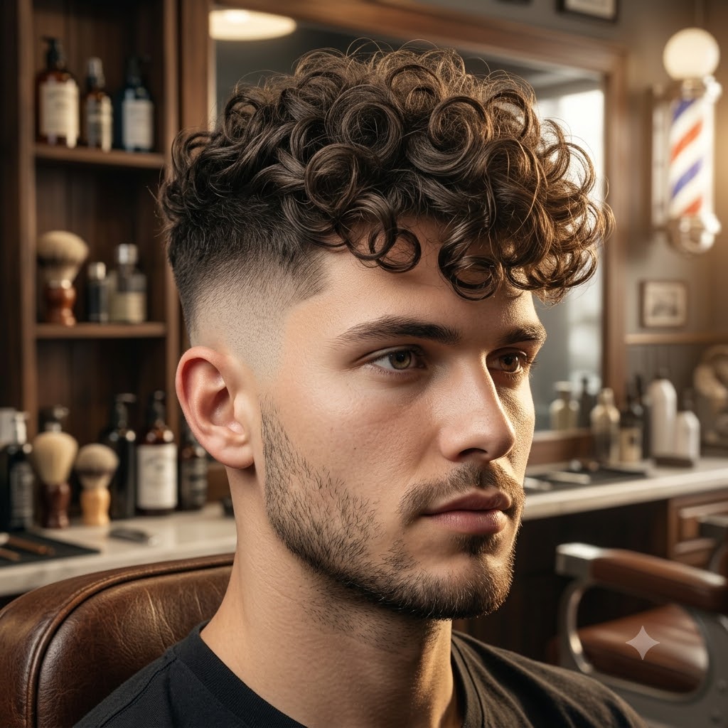 High fade curly hairstyle with voluminous curls on top