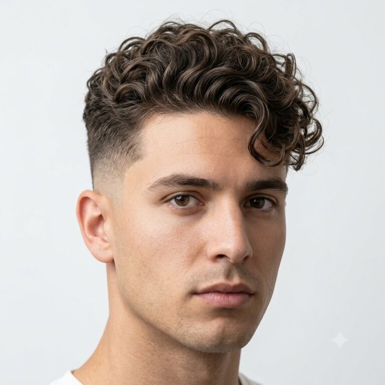 Low fade curly haircut with natural curl texture on top.