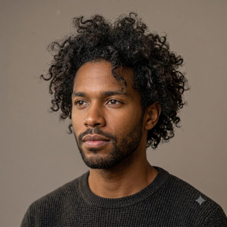 Messy curly hairstyle for men, relaxed texture.