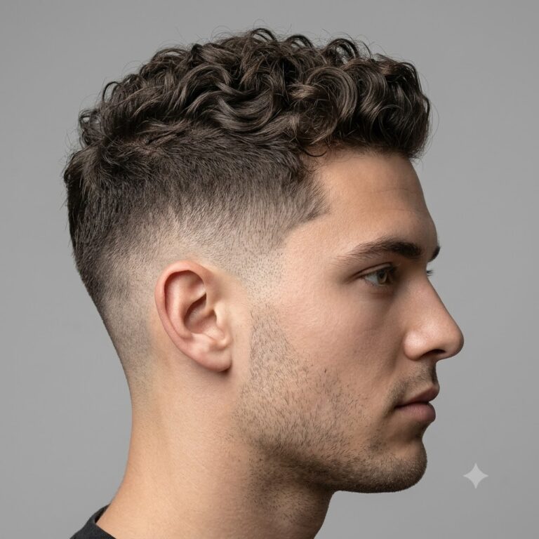 Mid fade with textured curls on top for men