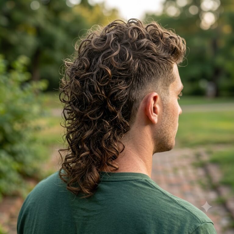 Modern mullet haircut with curly hair for men.