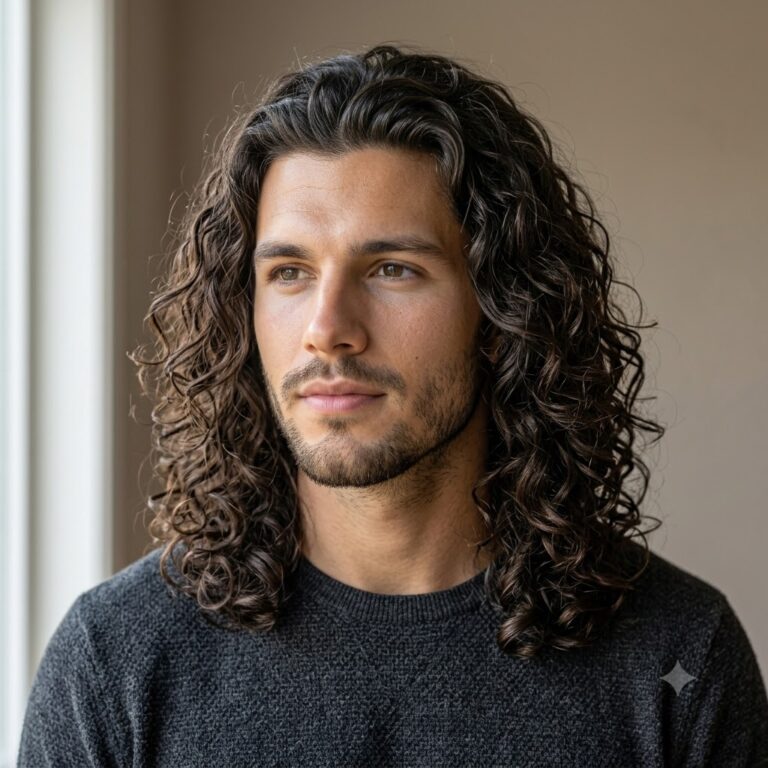 Shoulder length curly hairstyle for men.