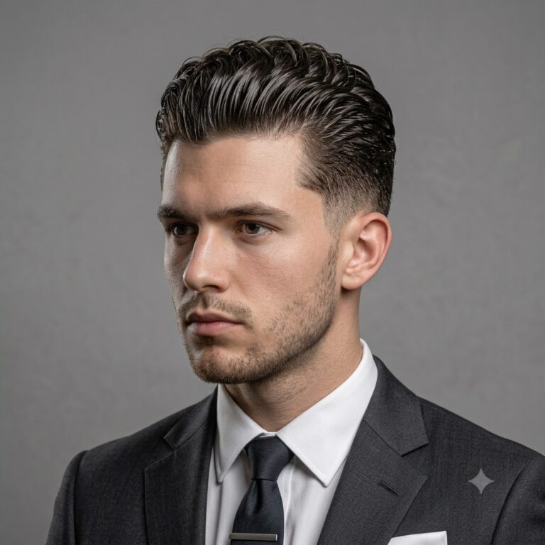 Slick back hairstyle on wavy curly hair for men.