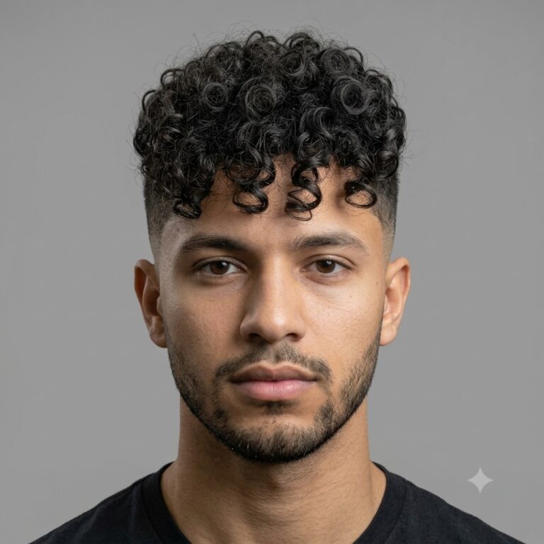 Taper fade curly hairstyle for men, professional look.