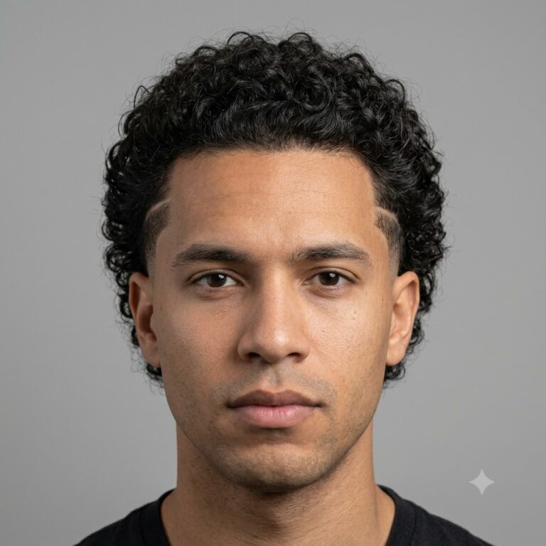 Temple fade curly haircut with hard part