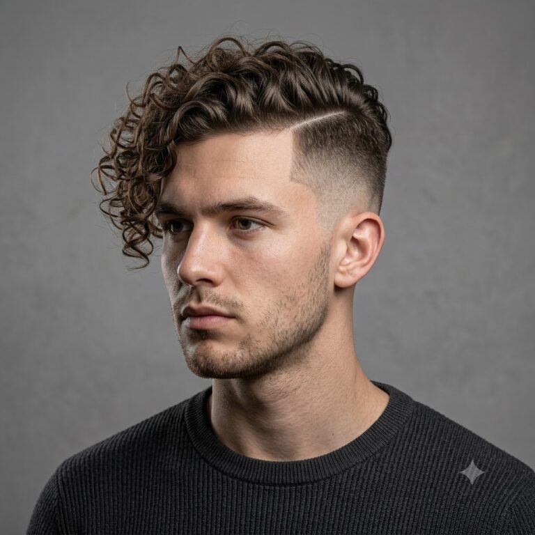 Undercut hairstyle with curly hair on top.